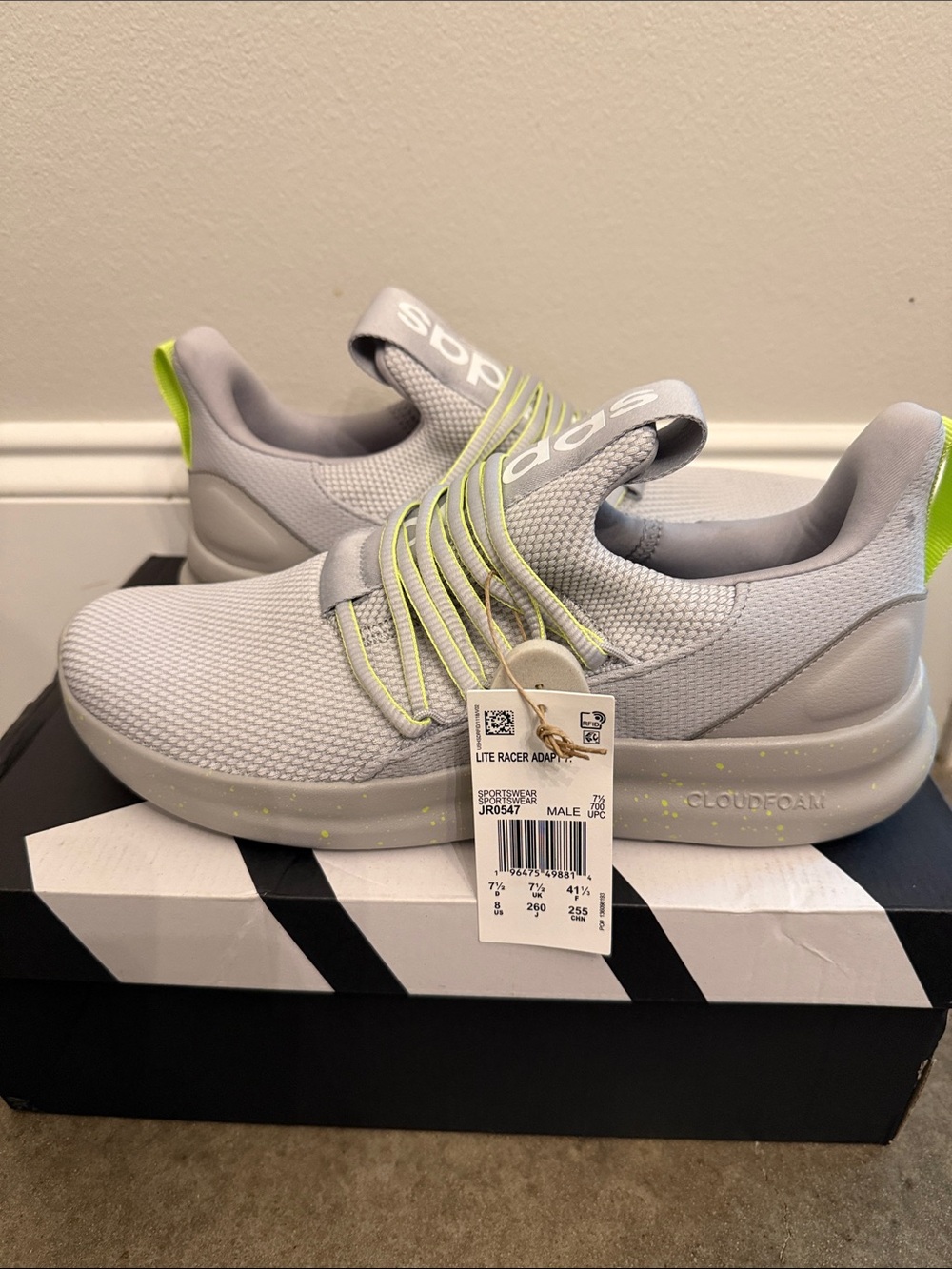 adidas Lite Racer Adapt Slip-On Sneakers - Light Gray & Neon Green